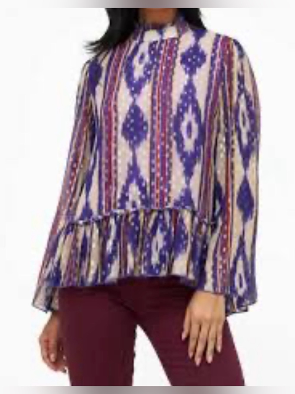 Oliphant Silk & Cotton Purple Ikat Ruffle Hem Long-Sleeve Top Size Large💜